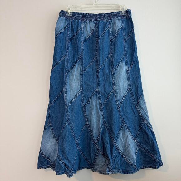 Blue denim patchwork diamond midi skirt with half elastic waistband - Picture 2 of 3